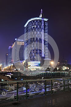 Illuminated office buildings at night, Chengdu, China